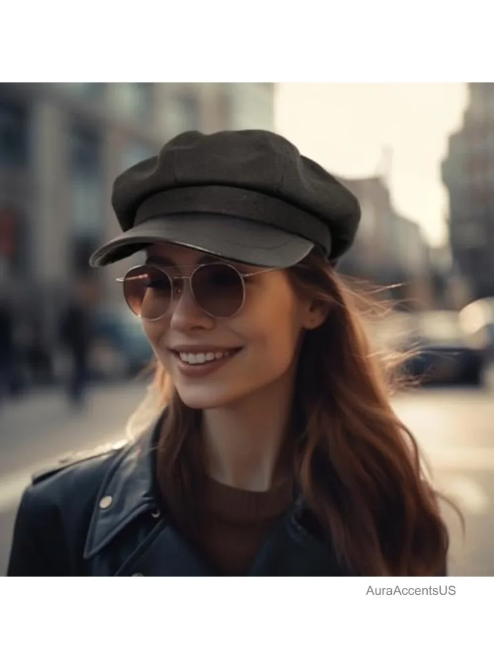 Wool Blend Newsboy Cap PU Leather Brim 8 Panel Cabbie Hat